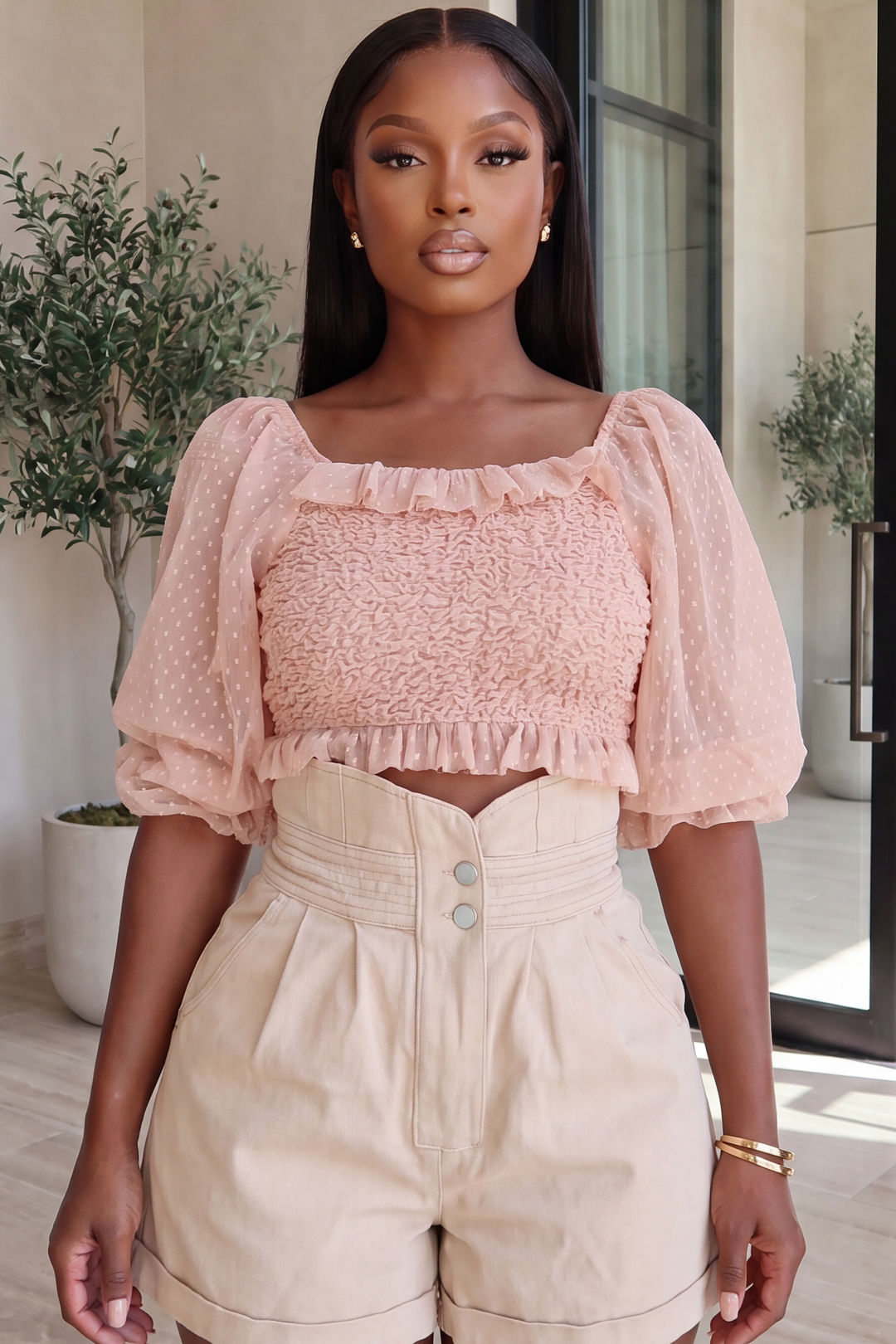 Blush Swiss dot smocked crop top