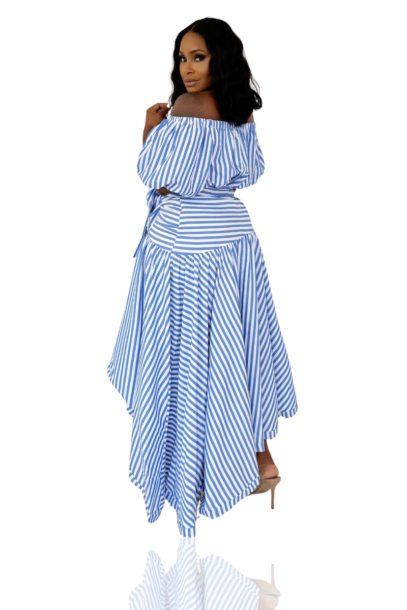 Here For It Off The Shoulder Asymmetrical Dress (Blue & White)