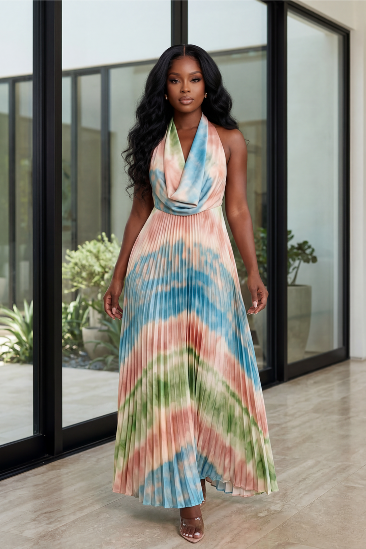 Sunset Breeze Pleated Maxi Dress [Multi Pastel]