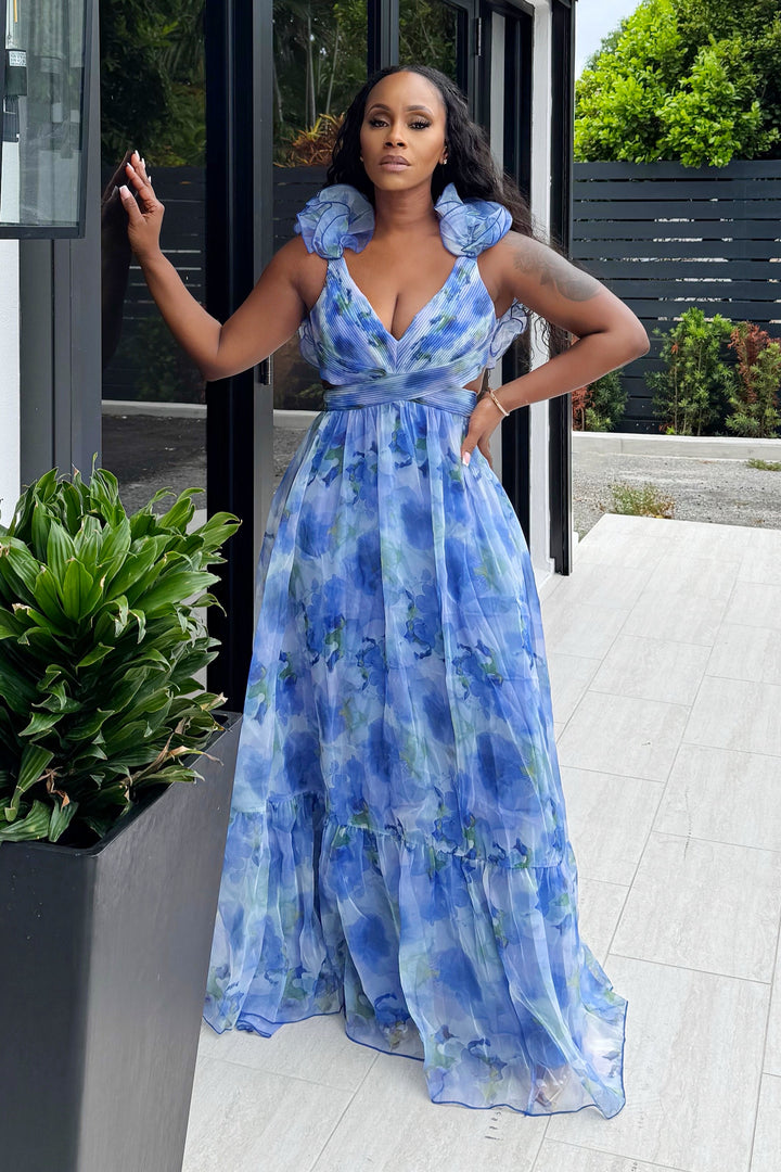 FLUER RUFFLE TIERED GOWN (Blue multi)