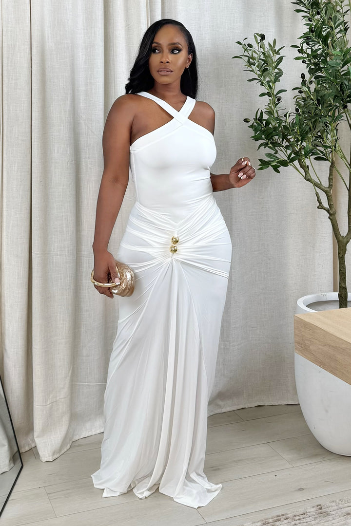 Classy Yet chic drape ruched maxi dress (White)