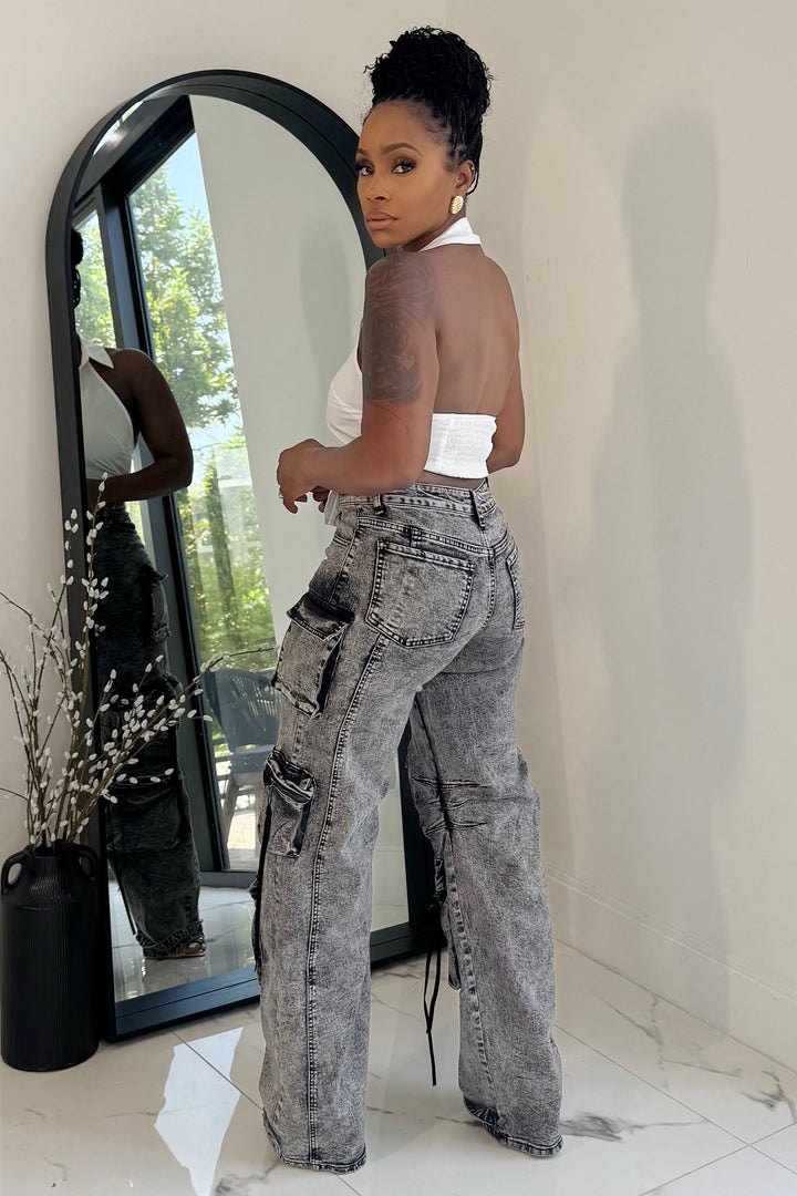 The Classic Cargo Wide Leg Denim (Acid Black wash)