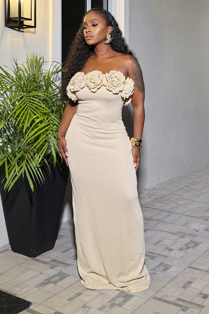 Champagne Roses tube maxi stretch dress (Natural)