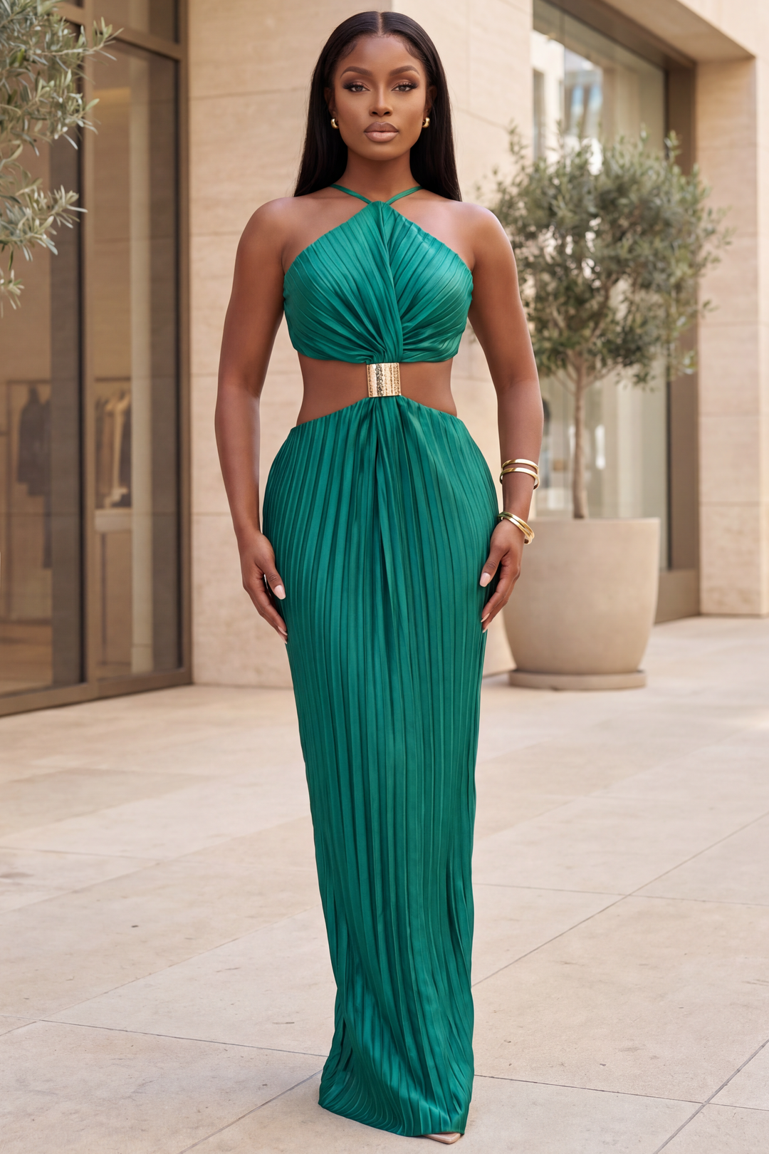 The Emerald Radiance Pleated Cutout Dress