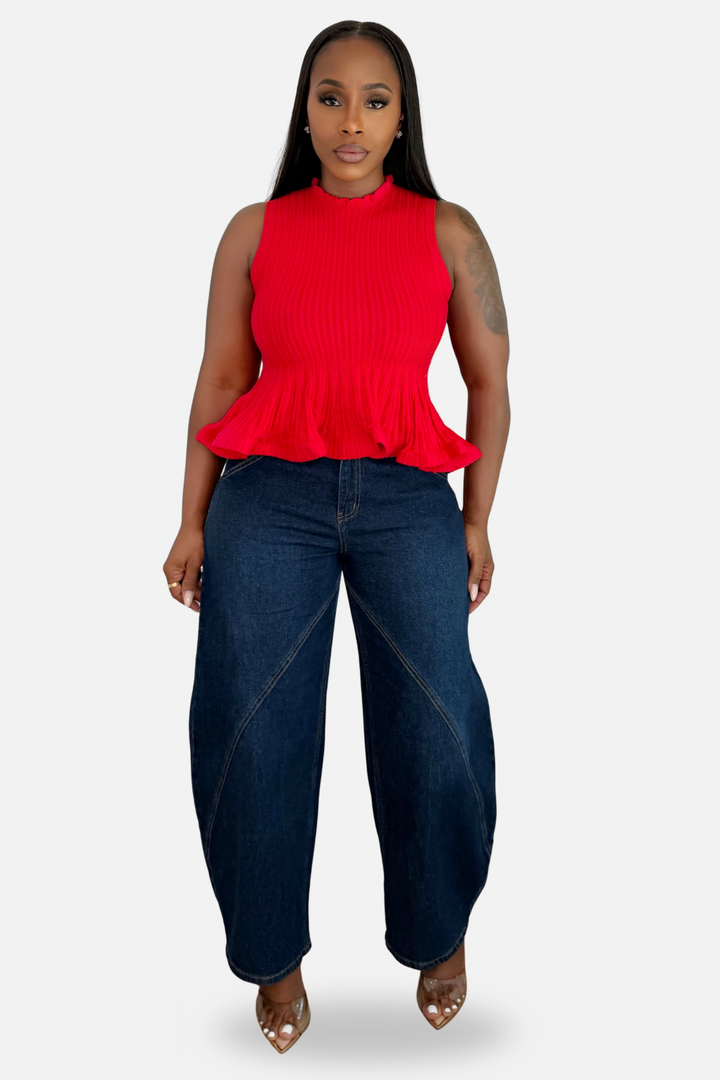 The Scarlet Ribbed Peplum Knit Top [Red]