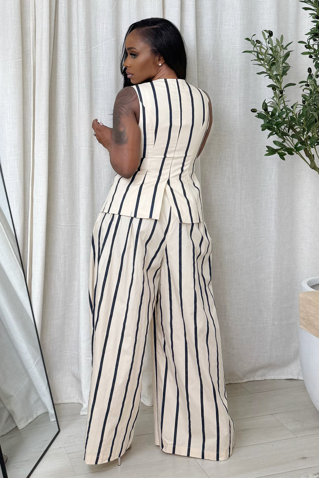 Pin Stripe Palazzo Pant & Vest Set (Ivory & Navy)