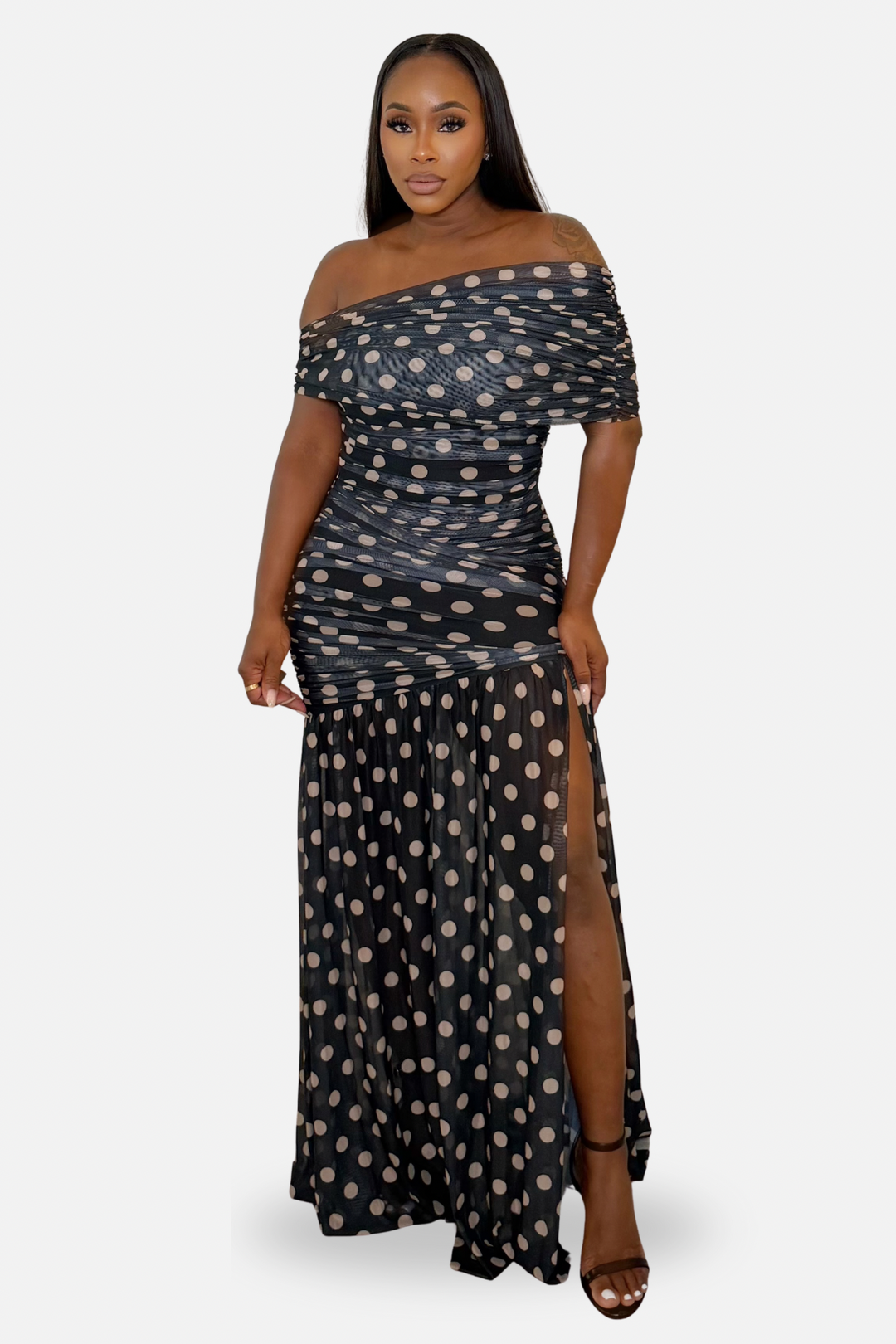 The Noir Dot Ruched Off Shoulder Dress [Black/Nude]