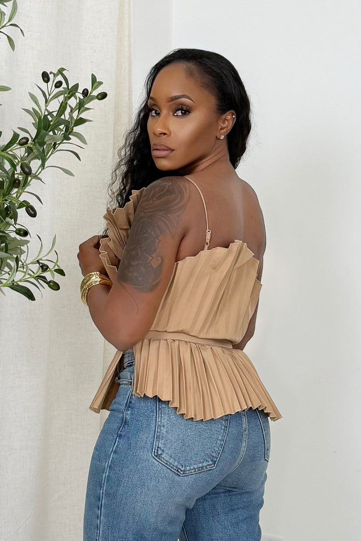 Pleated peplum one sleeve top (Mocha)