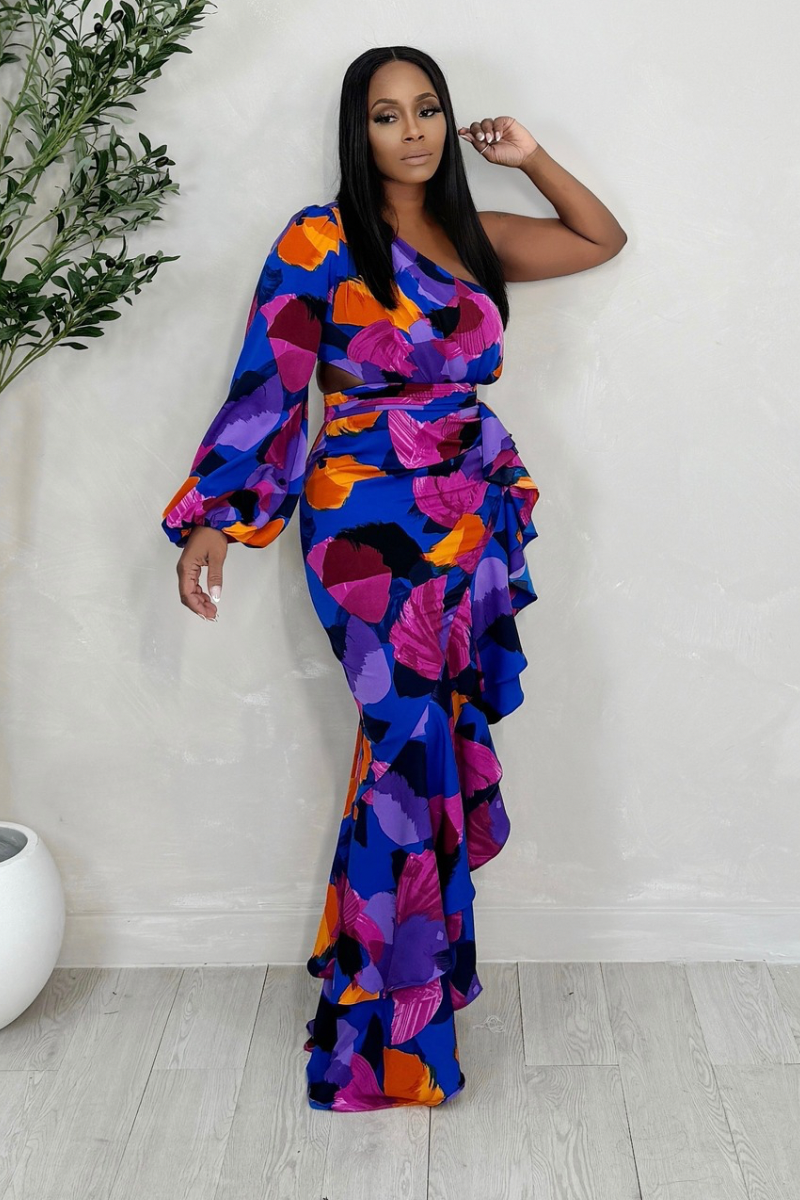 Full Attention Asymmetrical Ruffle Dress (Royal Blue Multi) Full Attention Asymmetrical Ruffle Dress (Royal Blue Multi)