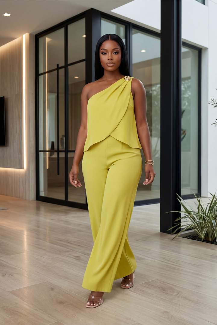 Golden Glow One-Shoulder Jumpsuit [Chartreuse]
