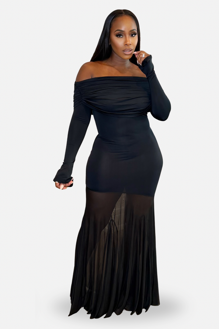 The Midnight Allure Off The Shoulder Maxi Dress [Black]