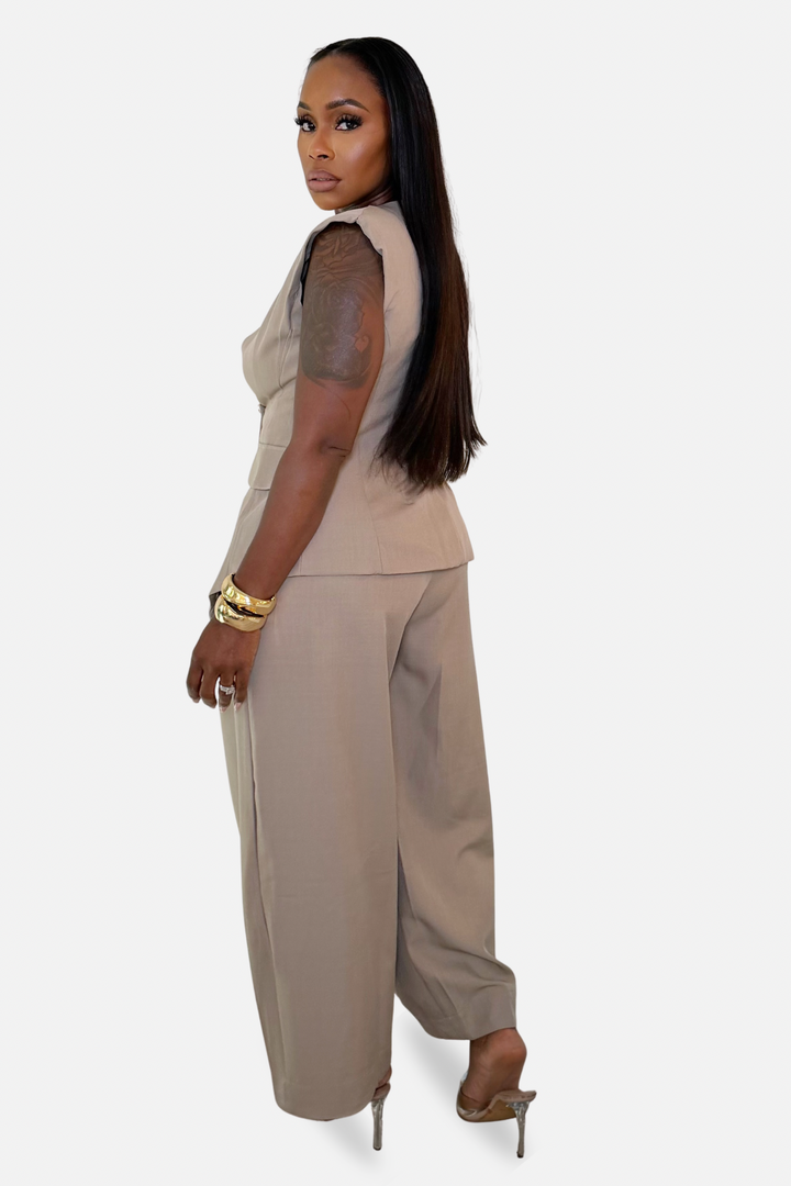 The Monroe Vest &amp; Wide Leg Pants Set [Taupe]