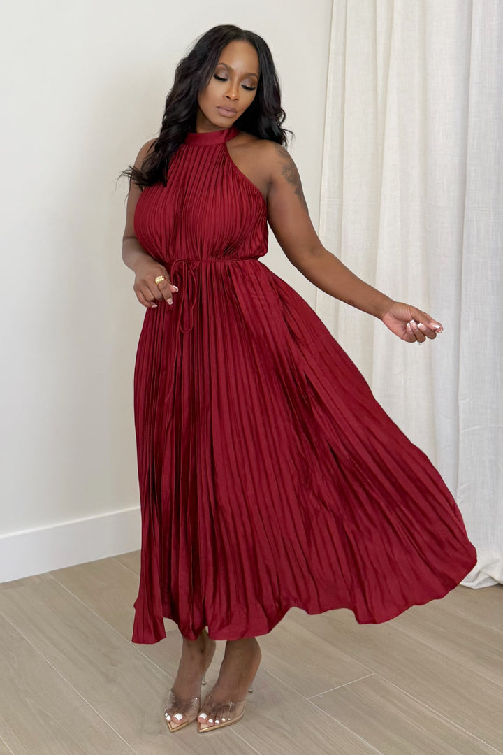 Merlot Muse Pleated Midi Dress (Burgundy)