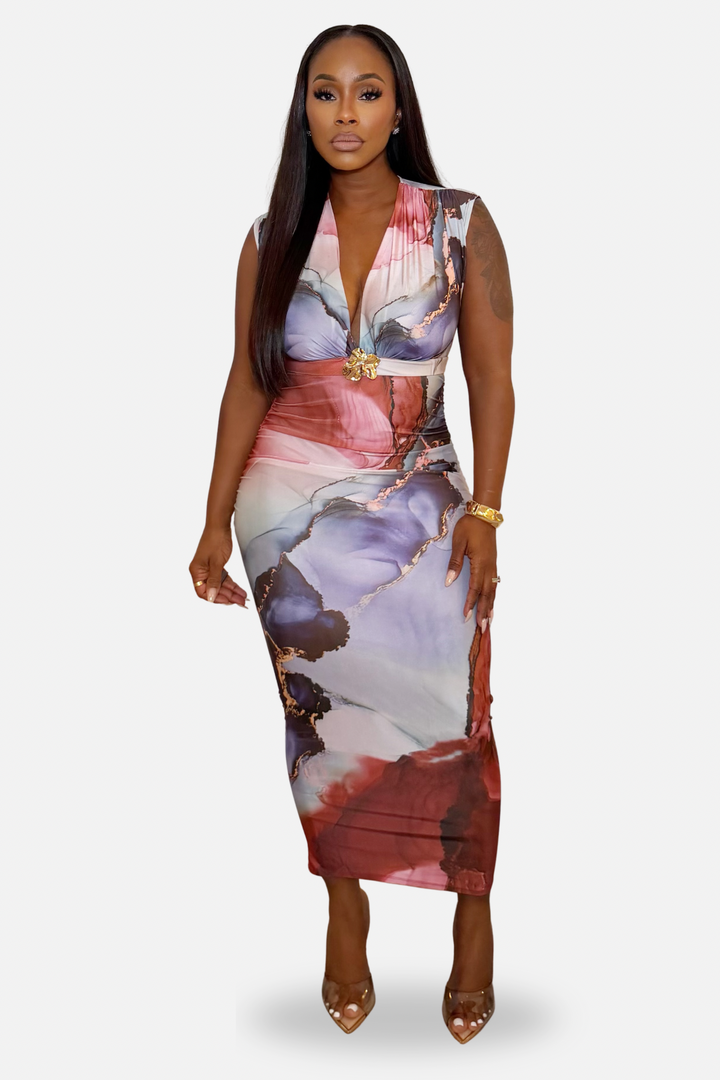 The Aura Printed Ruched Midi Dress[Multi]