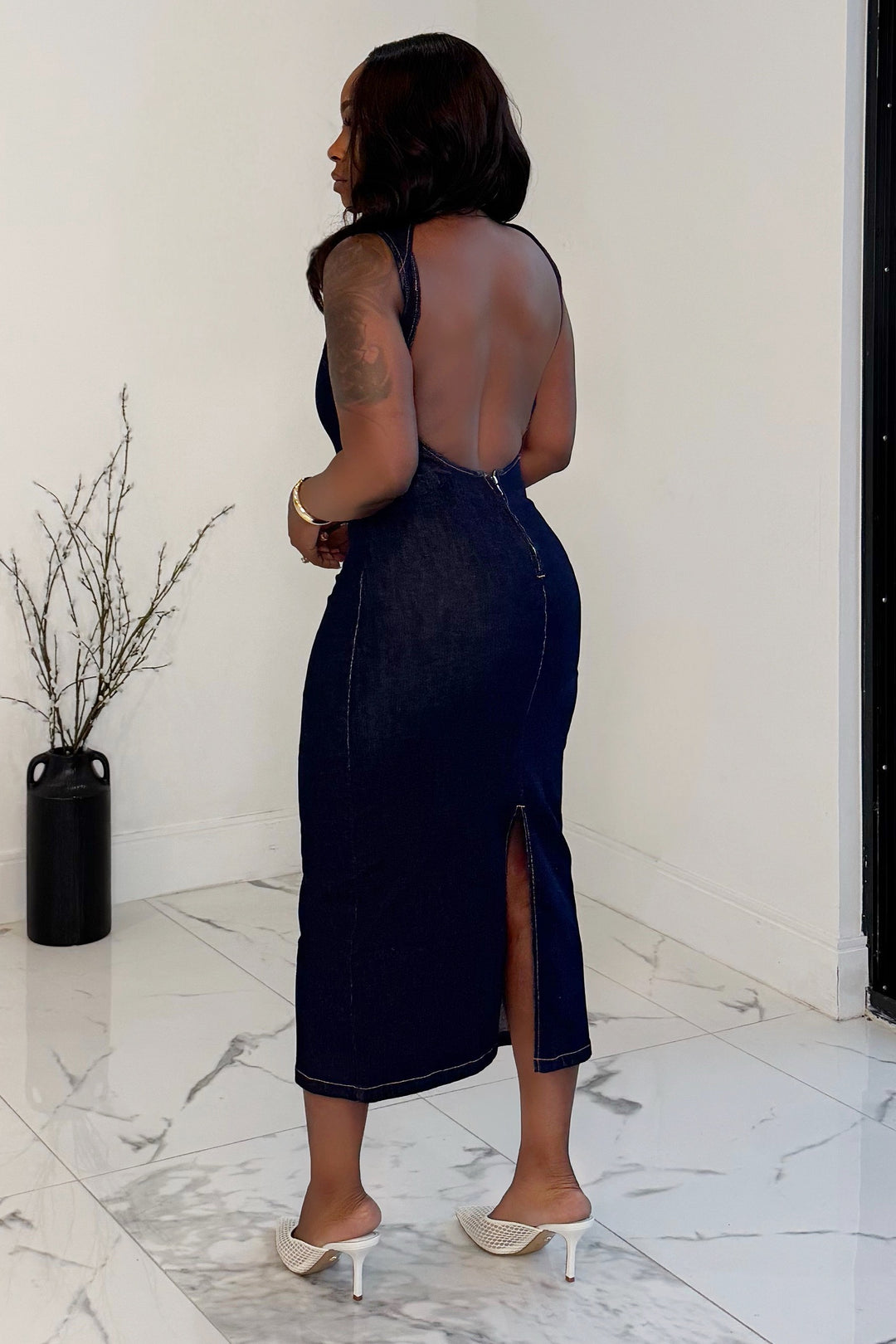 Too Chic Back Out Midi Dress (Denim)