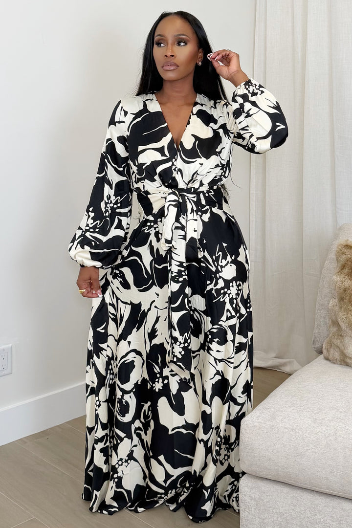 Petal Noir Wrap Maxi Dress [Black/Ivory Floral]