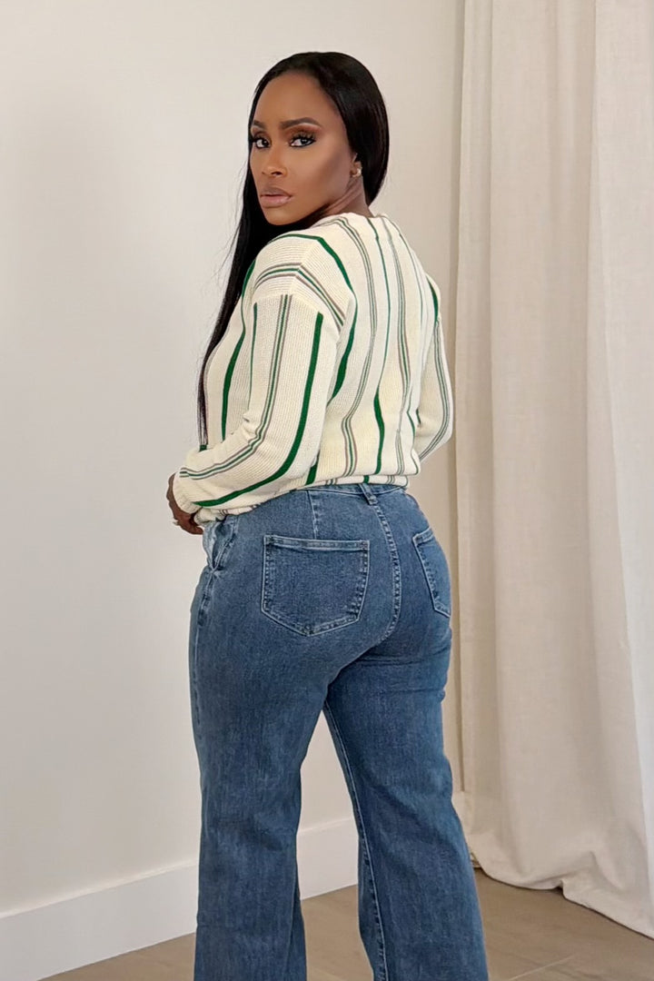 Varsity Chic Knit Cardigan [Ivory/Green]