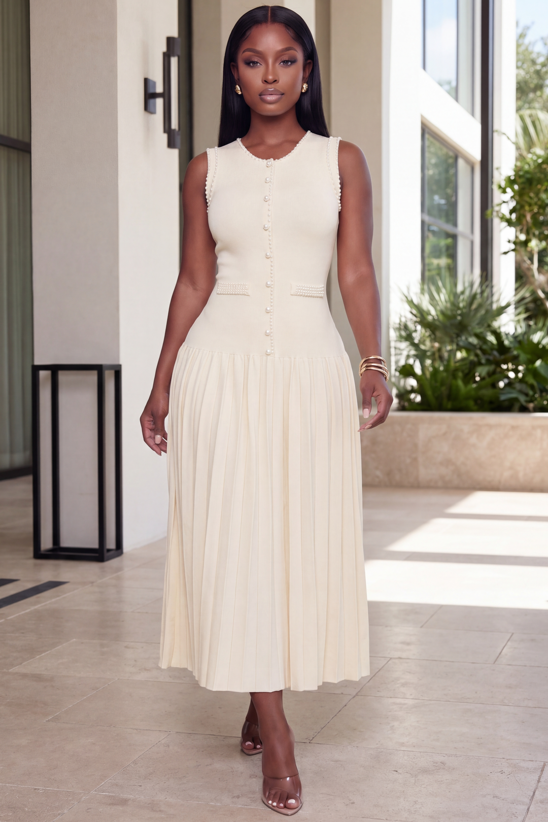 The Pearl Monarchy Pleated Knit Midi Dress [Ivory] – Polkadotz Boutique