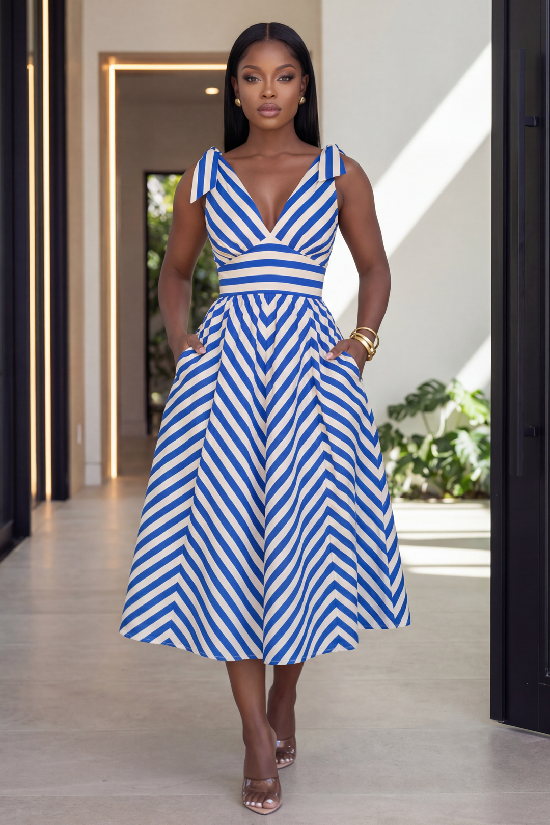 Coastal Ribbon Midi Dress [Blue Stripe]