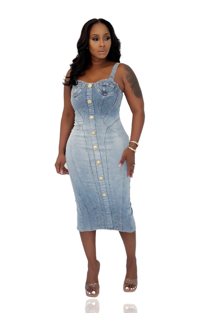 Denim Midi Sleeveless Dress (Denim)