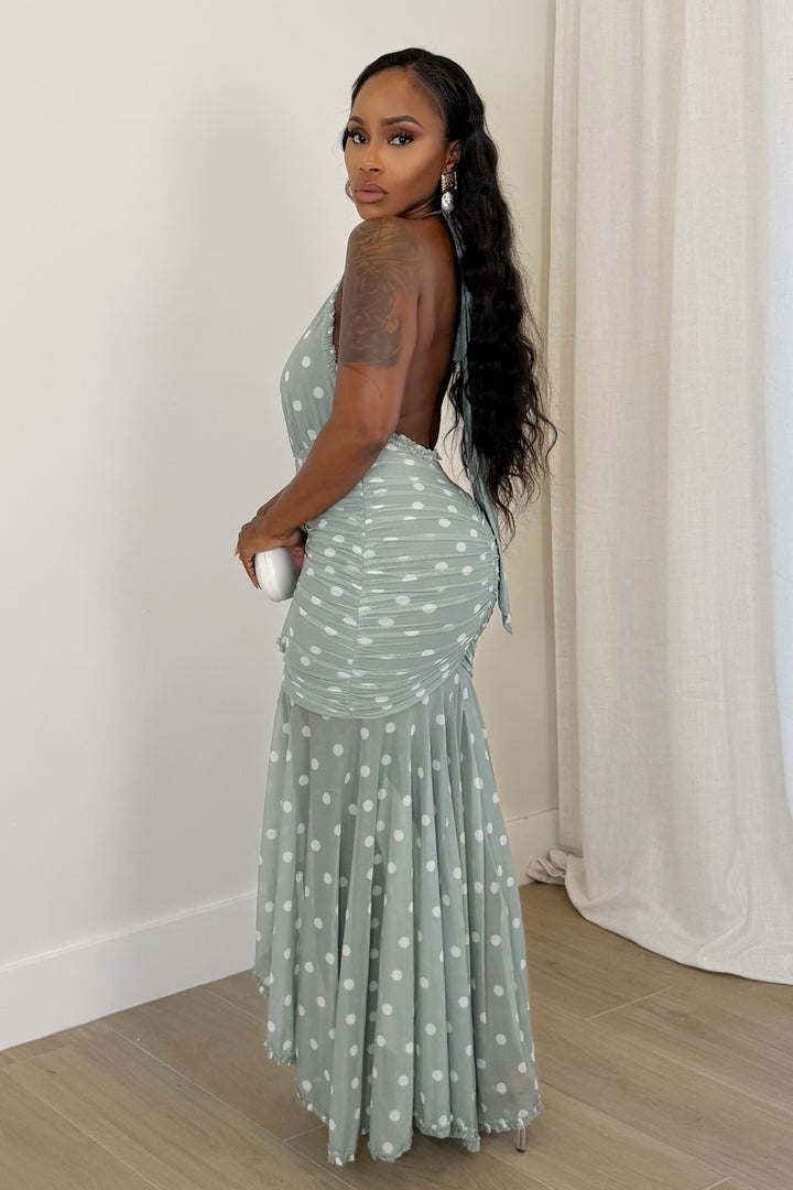 Soft Sage Polka Dot Halter Dress