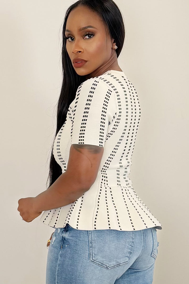 Tailored Dot Peplum Top [Ivory Black Stitch]