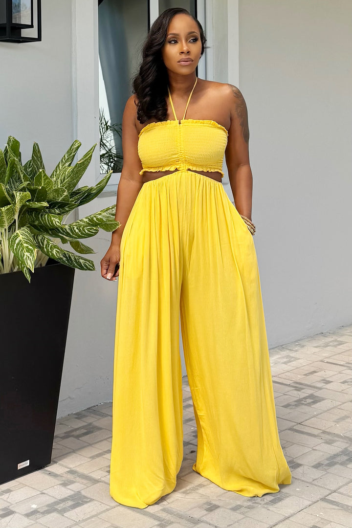 Malibu Cut Out & Halter Maxi Jumpsuit (Yellow)