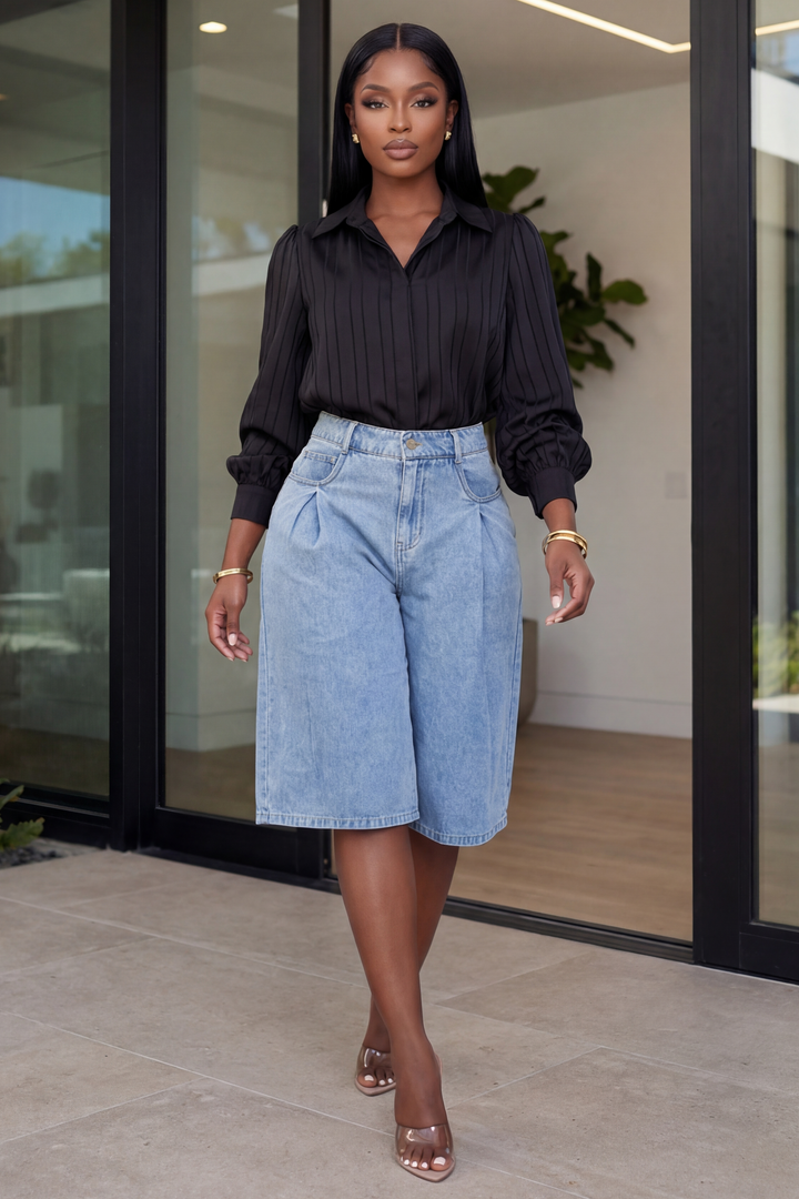 High-Rise Wide-Leg Denim Culottes [Medium Wash]