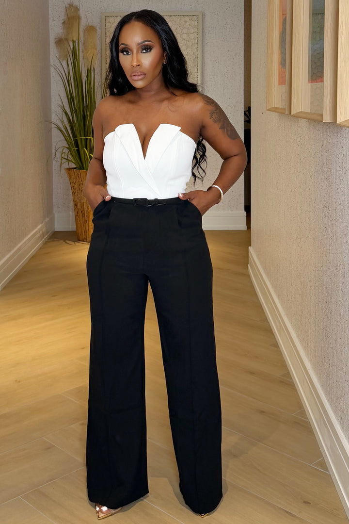 BELTED TUXEDO JUMPSUIT (black & White)