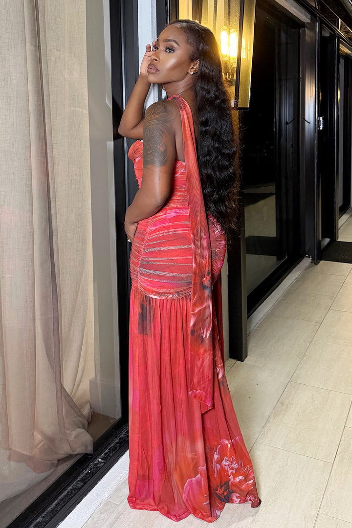 Crimson Rose Ruched Maxi Dress [Red Floral]
