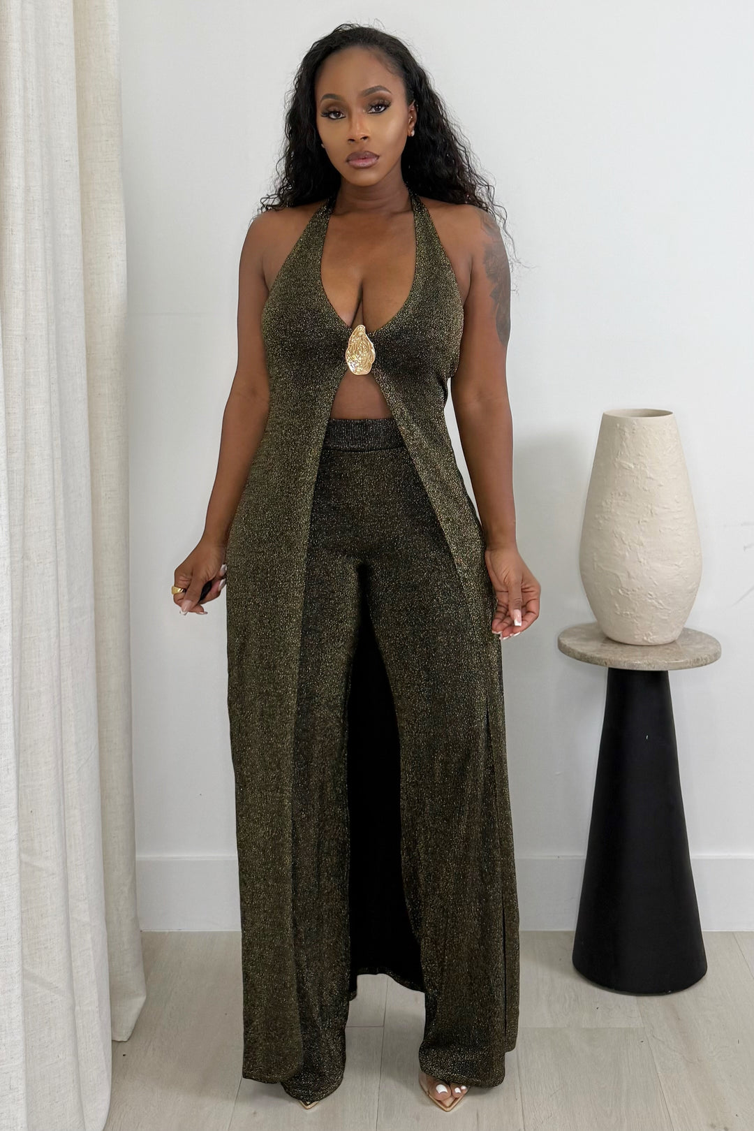 Gilded Aura Two-Piece pant & drape set (Black & Gold)
