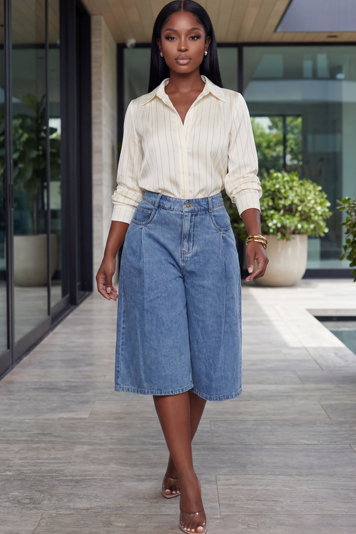 The Pinstripe Satin Blouse [Ivory]