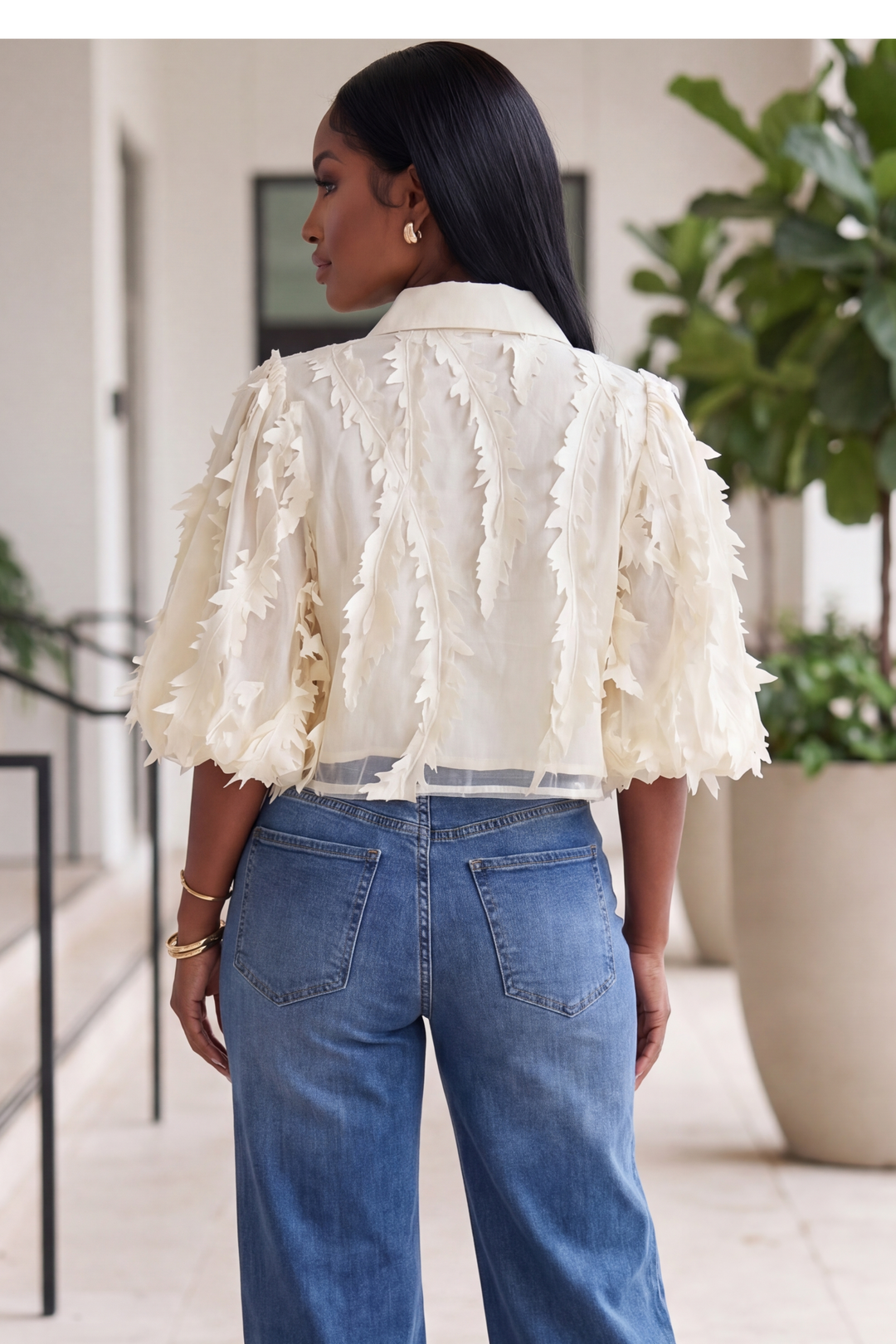 The Feather Trimmed Organza Blouse[Cream]