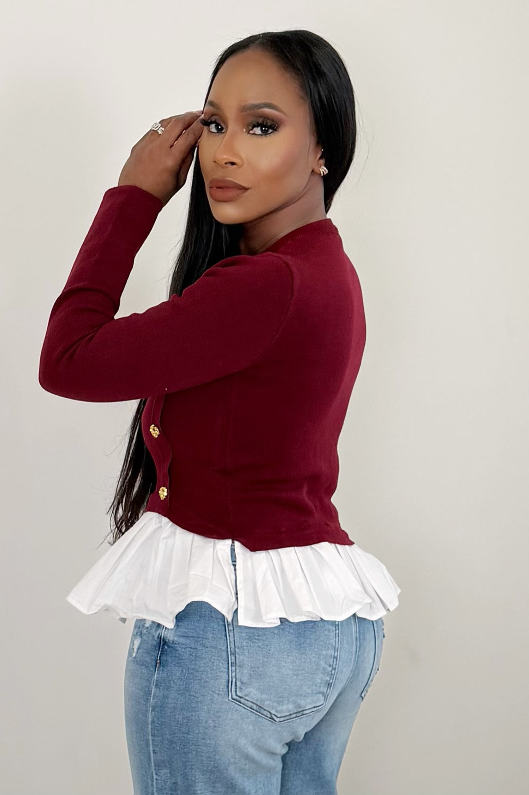 Buttoned Grace Top [Burgundy]
