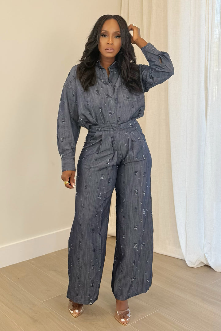 Ripped Denim Pant Set (Denim)
