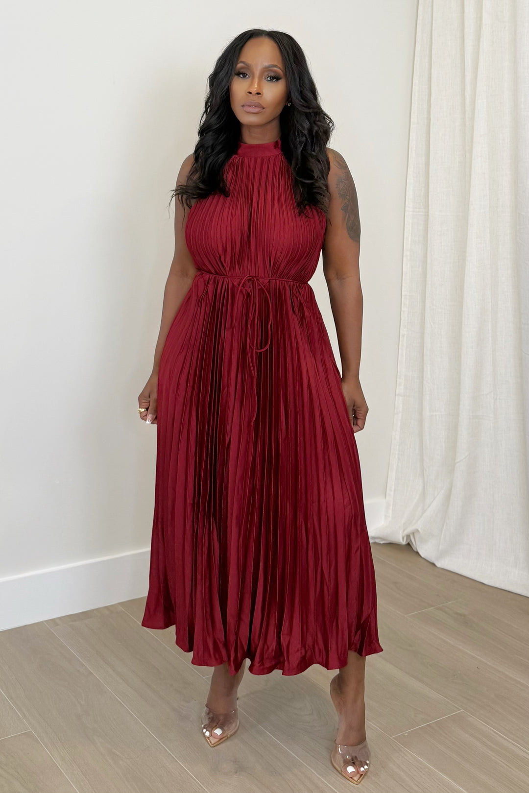 Merlot Muse Pleated Midi Dress (Burgundy)