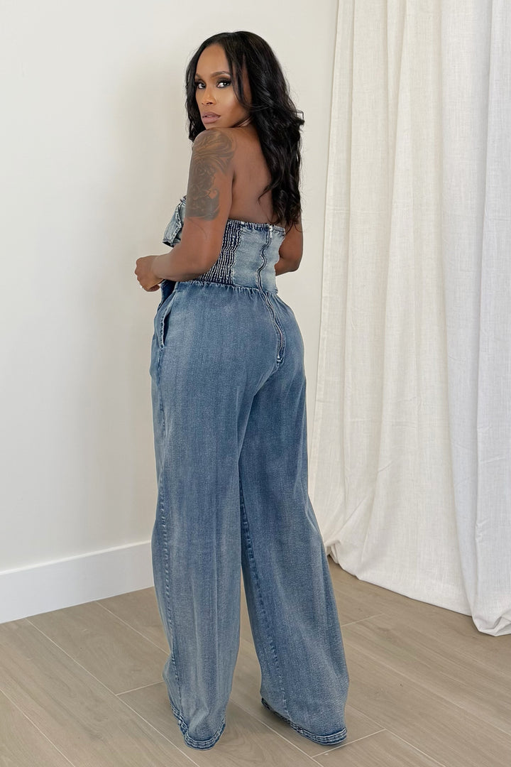 Double Dare Buckle Jumpsuit (Denim)