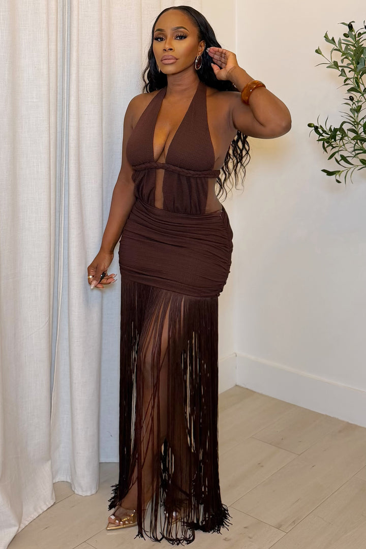 Zanzibar Braided Fringe Maxi Dress [Chocolate]