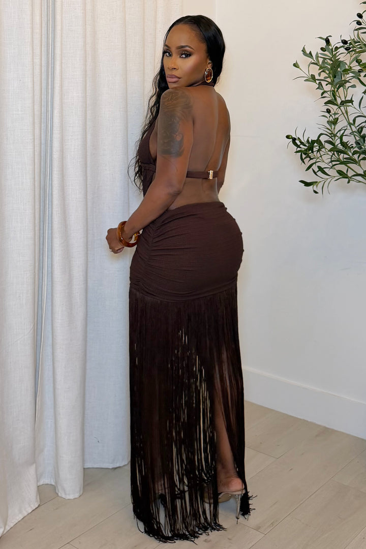 Zanzibar Braided Fringe Maxi Dress [Chocolate]
