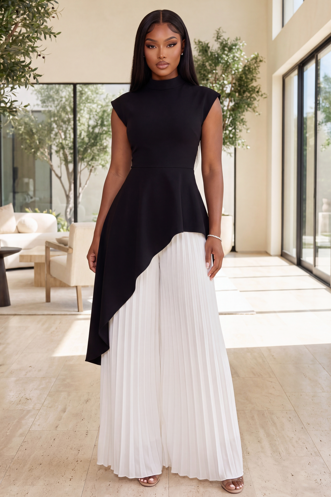 The Sola Asymmetrical Pants Set [Black/White]