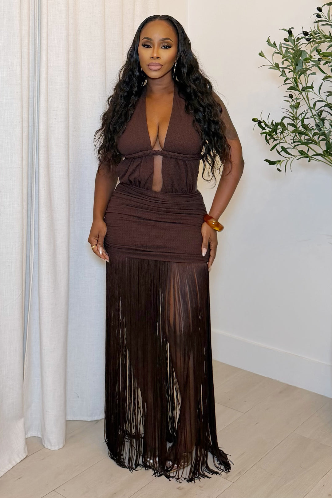Zanzibar Braided Fringe Maxi Dress [Chocolate]