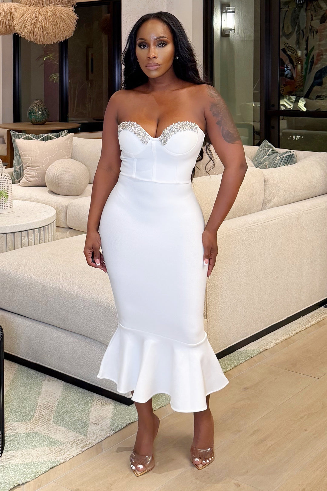 strapless midi dress white Crystal Crest Strapless Midi dress (White) – Polkadotz Boutique