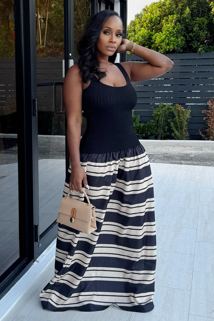 Ideal Style Stripe & Knitted Dress (Black & nude)