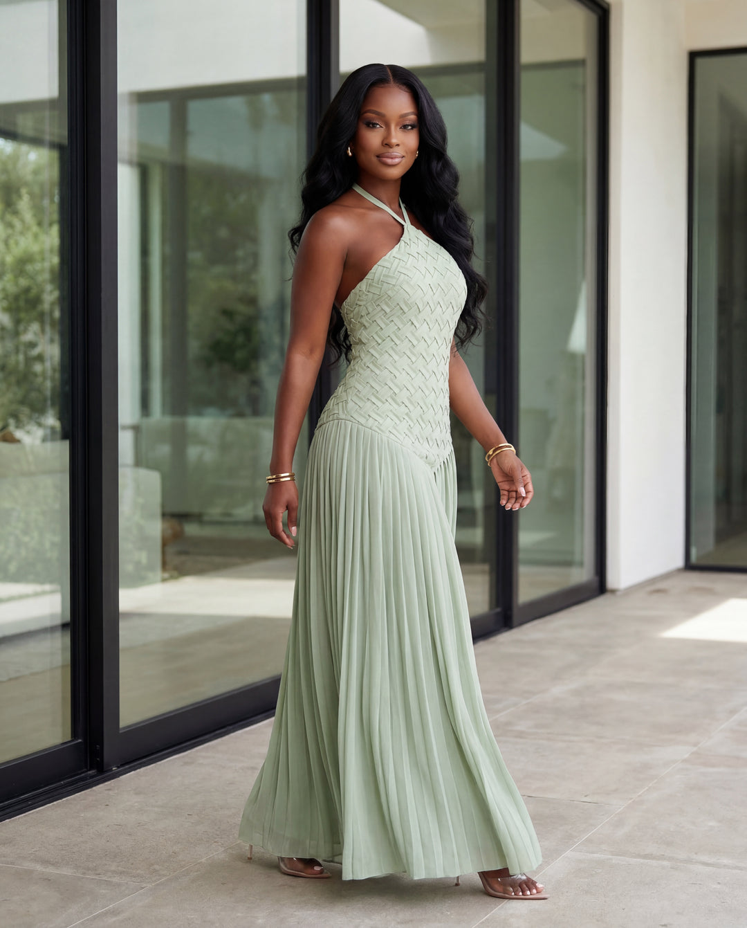 Gracefully Woven Halter Maxi Dress [Sage]