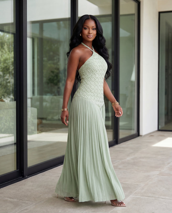 Gracefully Woven Halter Maxi Dress [Sage]