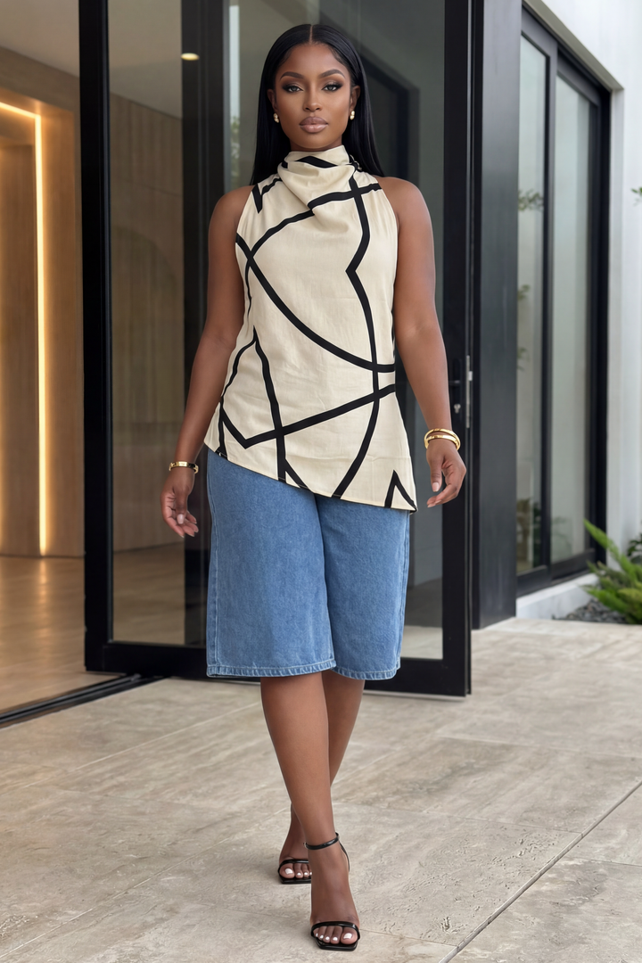 Geometric Asymmetrical Halter Tunic [Beige & Black]