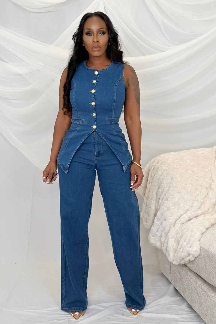 Sculpted Denim Peplum Set (Denim)