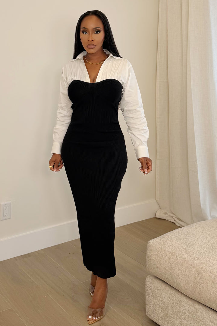 Modern Muse Shirt-Detail Midi Dress [Black/White]