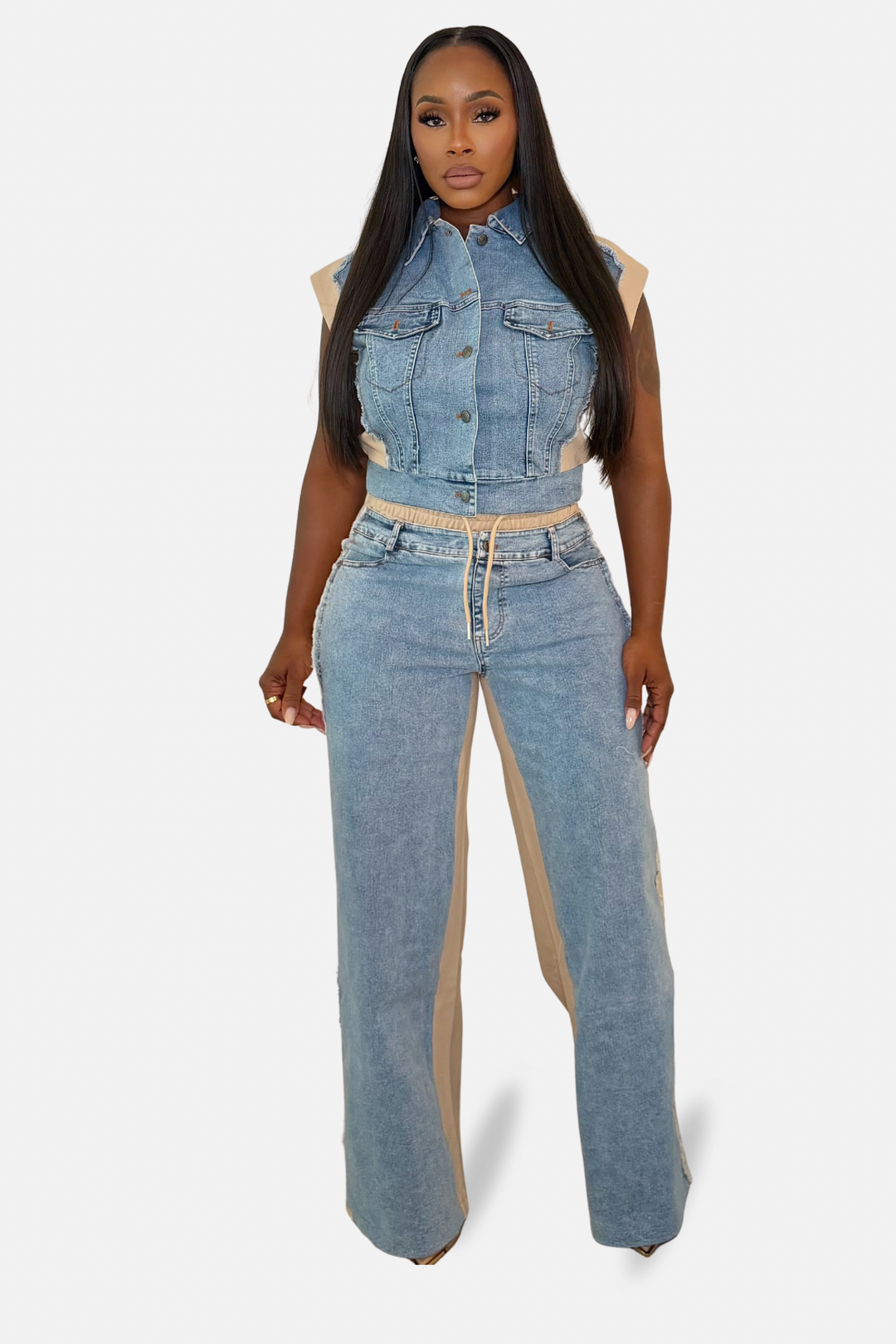 The Denim Contrast Two Piece Pants Set [Denim/Beige]