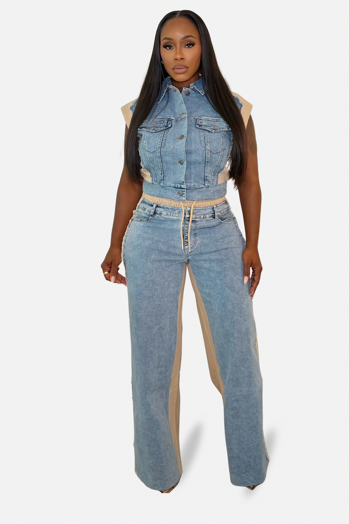 The Denim Contrast Two Piece Pants Set [Denim/Beige]